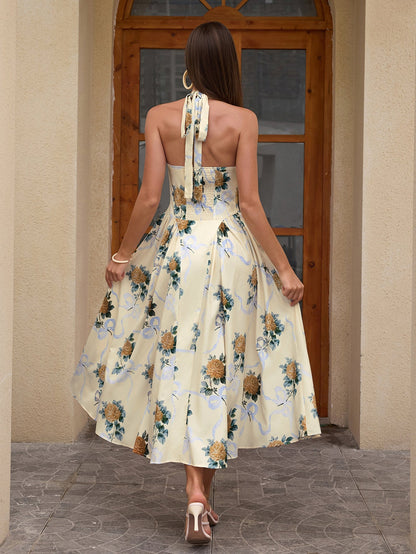 Halter Tie Smocking Print Bodycon Dress