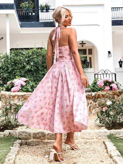 Halter Tie Smocking Print Bodycon Dress