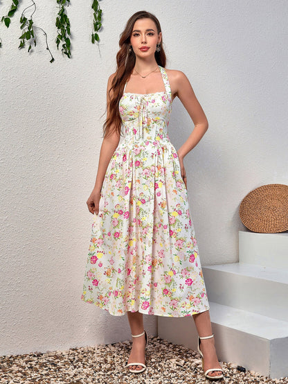 Halter Tie Smocking Print Bodycon Dress