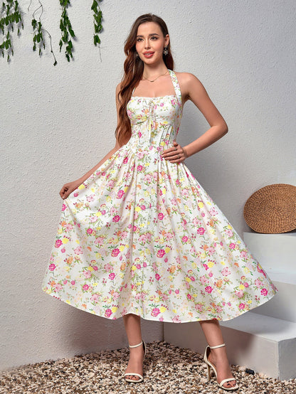 Halter Tie Smocking Print Bodycon Dress