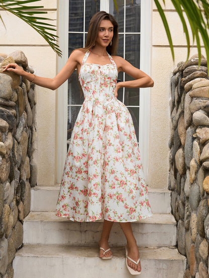 Halter Tie Smocking Print Bodycon Dress
