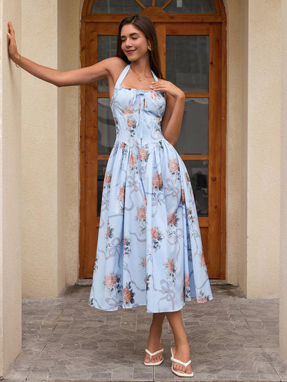 Halter Tie Smocking Print Bodycon Dress