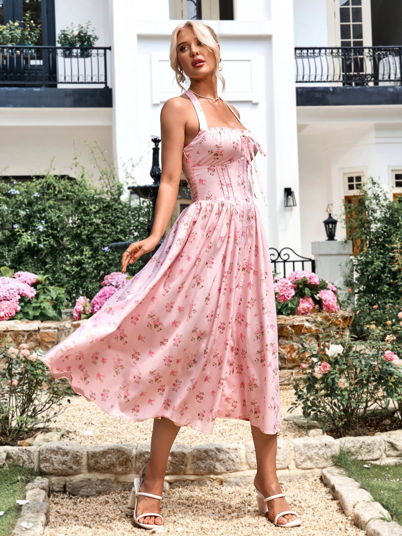 Halter Tie Smocking Print Bodycon Dress