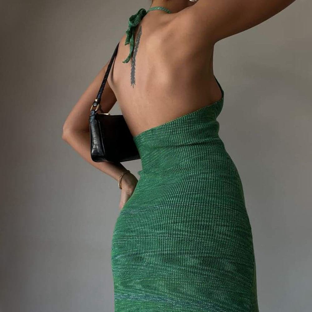 Halter V-neck Knitted Midi Dress