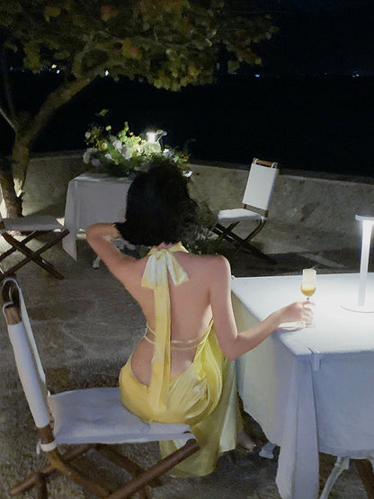 Halter V-neck Backless Satin Maxi Dress
