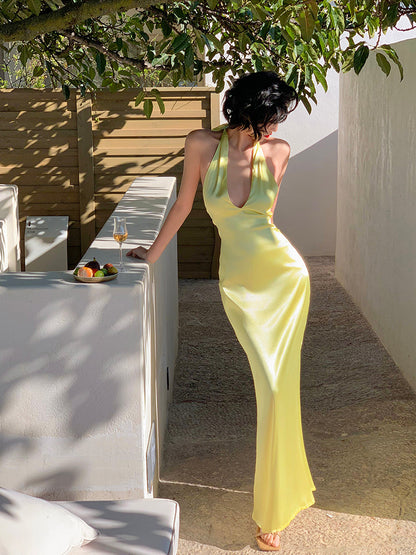 Halter V-neck Backless Satin Maxi Dress