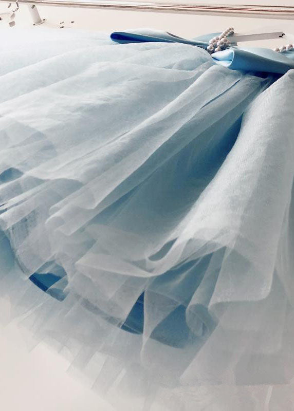 Handmade Baby Blue Nail Bead Backless Tulle Long Dress Sleeveless Ys015