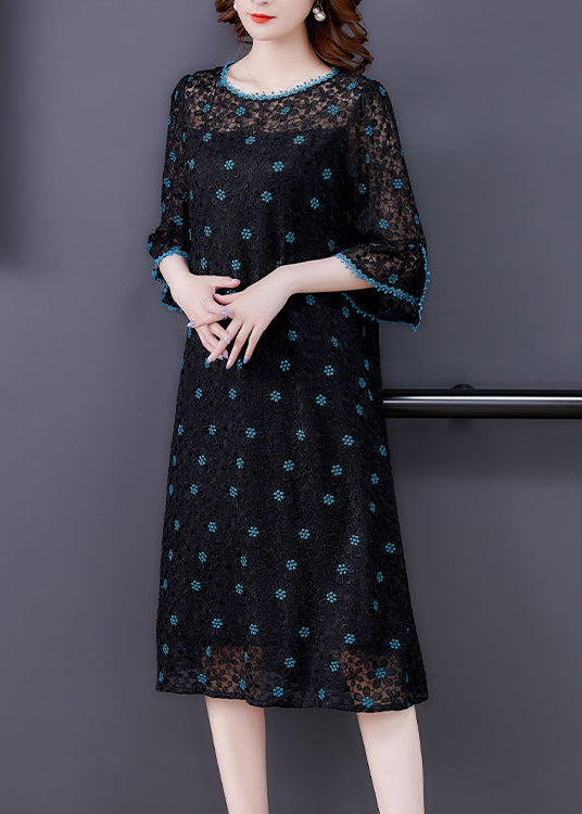 Handmade Black Embroideried Hollow Out Silk Maxi Dresses Flare Sleeve Ac3009