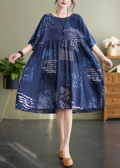 Handmade Blue O-neck Print Wrinkled Vacation Maxi Dresses Summer Ac2010