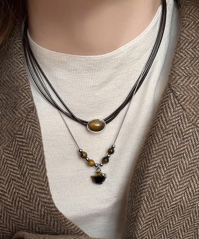 Handmade Brown Alloy Tiger Eye Stone Tassel Two Piece Set Pendant Necklace Wi005