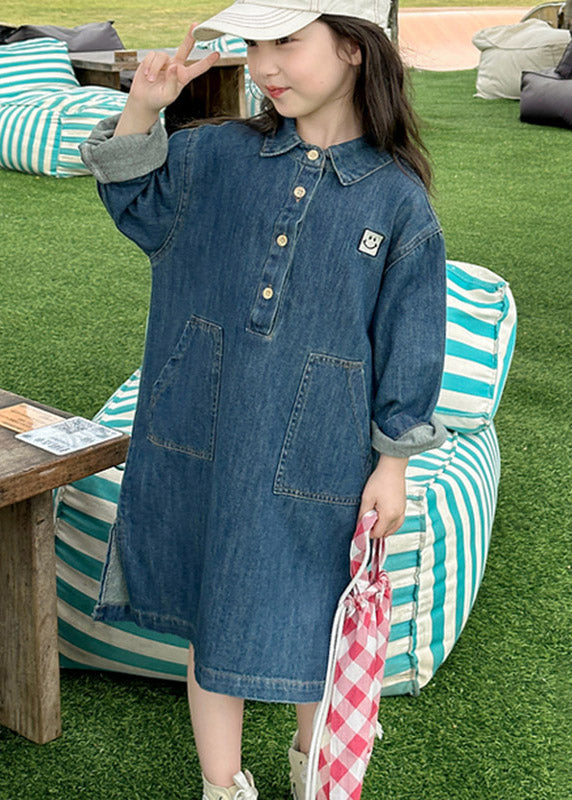 Handmade Denim Blue Peter Pan Collar Patchwork Button Kids Long Dress Spring Tv024