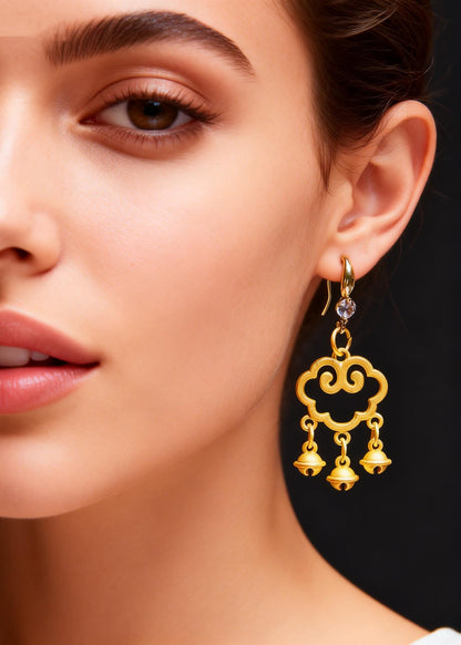 Handmade Golden Auspicious Clouds Small Bell Drop Earrings