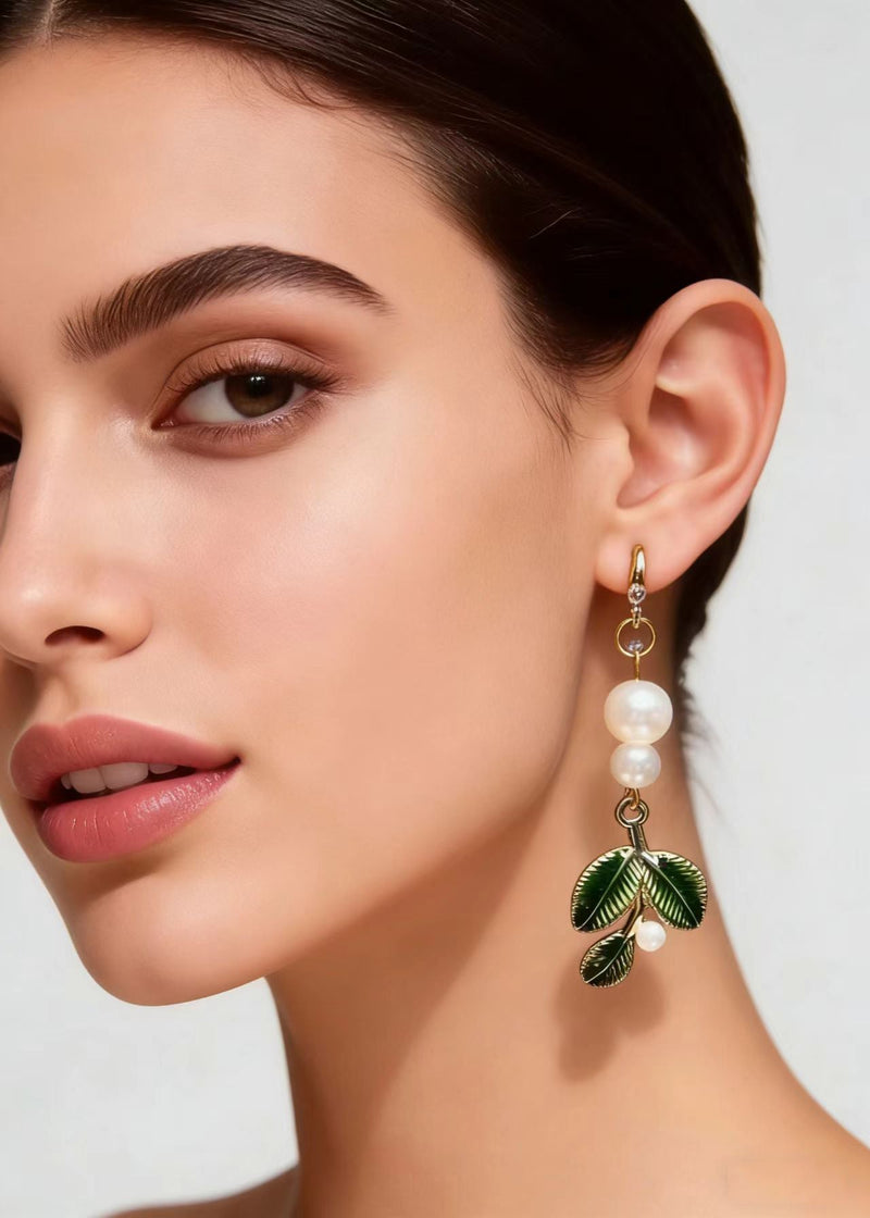 Handmade Green Leaf Pearl Zircon Drop Earrings