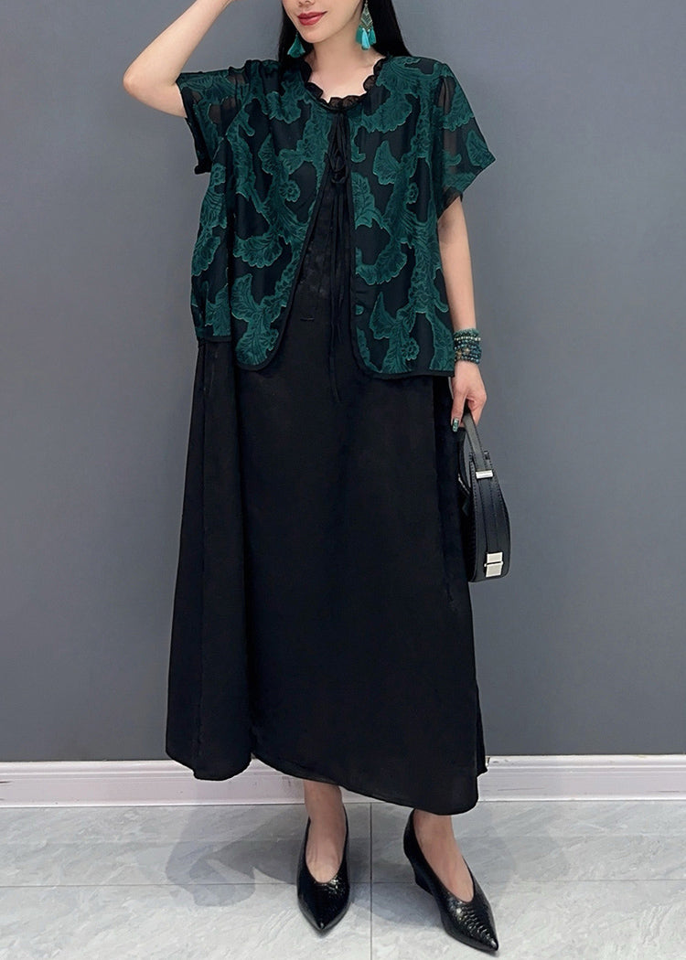 Handmade Green O-neck Print Fake Two Pieces Long Dress Summer Ao1048