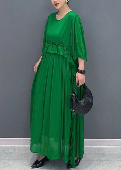 Handmade Green O-neck Ruffled Wrinkled Vacation Chiffon Maxi Dresses Lantern Sleeve Ao1027