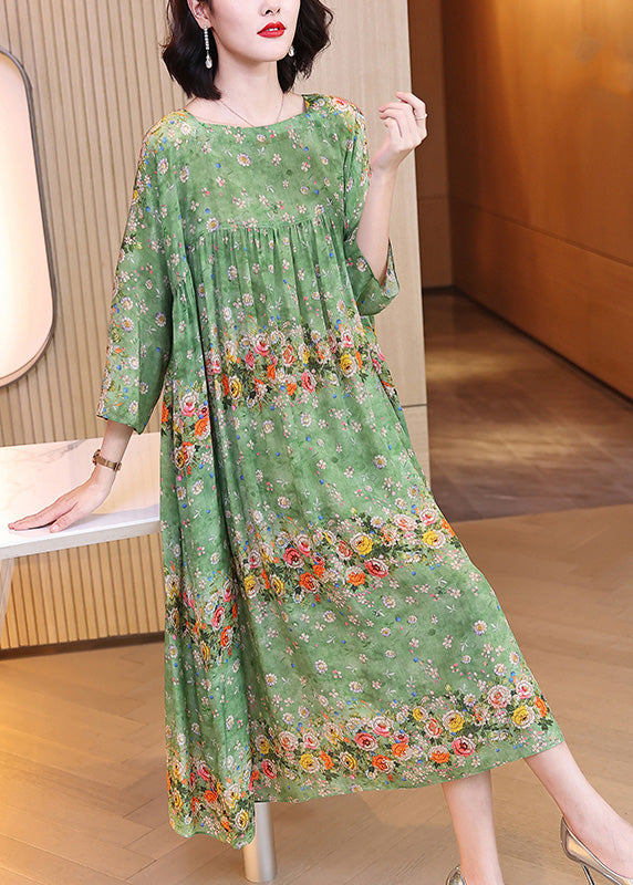 Handmade Green Print Wrinkled Patchwork Silk Long Dress Long Sleeve Ly1786