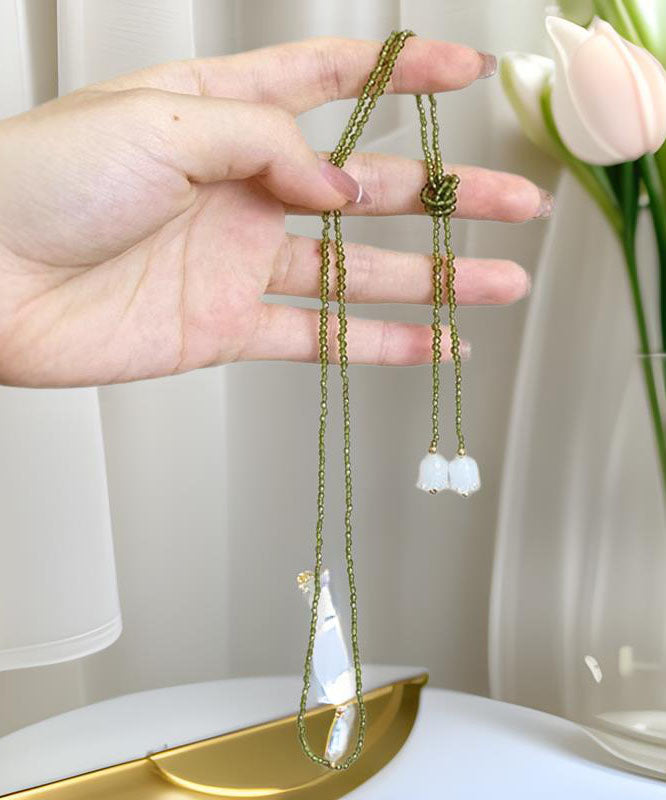 Handmade Green Weave Crystal Lily of the Valley Beading Pendant Necklace