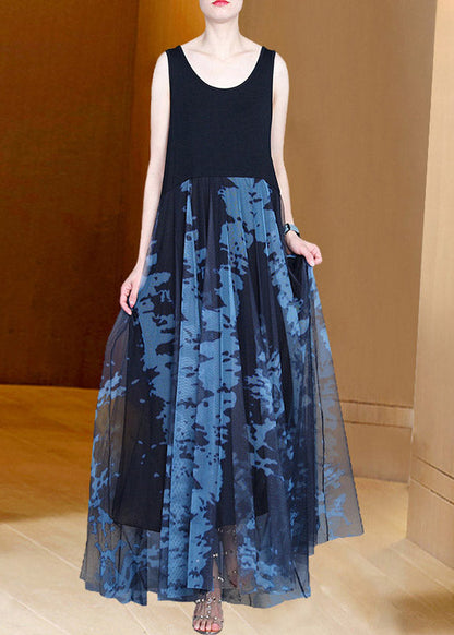 Handmade Grey O-neck Print Patchwork Tulle Maxi Dresses Summer Ac2042