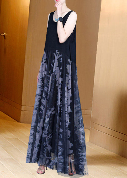 Handmade Grey O-neck Print Patchwork Tulle Maxi Dresses Summer Ac2042