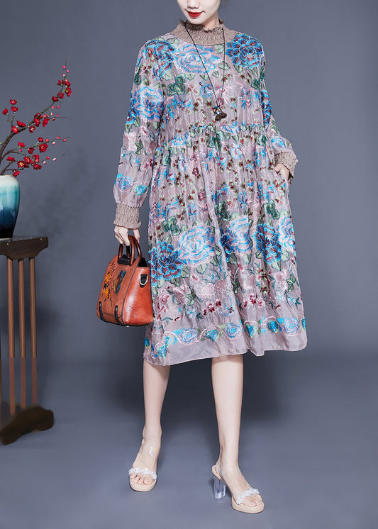Handmade Khaki High Neck Embroideried Silk Maxi Dresses Spring Lc0421