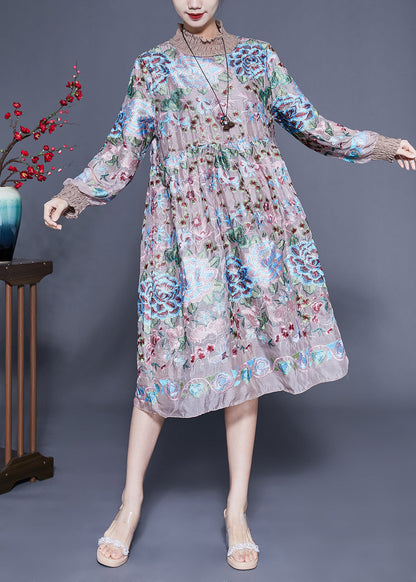 Handmade Khaki High Neck Embroideried Silk Maxi Dresses Spring Lc0421
