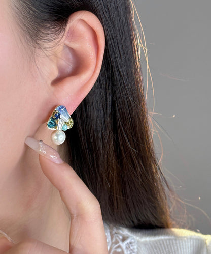 Handmade Light Green Copper Overgild Crystal Zircon Pearl Drop Earrings