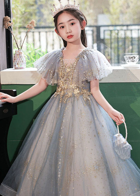 Handmade Little Grey V Neck Sequins Patchwork Tulle Maxi Dress Summer Qv019