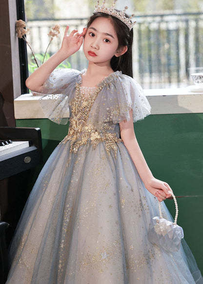 Handmade Little Grey V Neck Sequins Patchwork Tulle Maxi Dress Summer Qv019