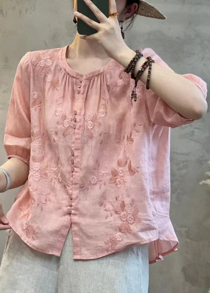 Handmade Orange Embroidered Button Linen Blouses Summer Jh071