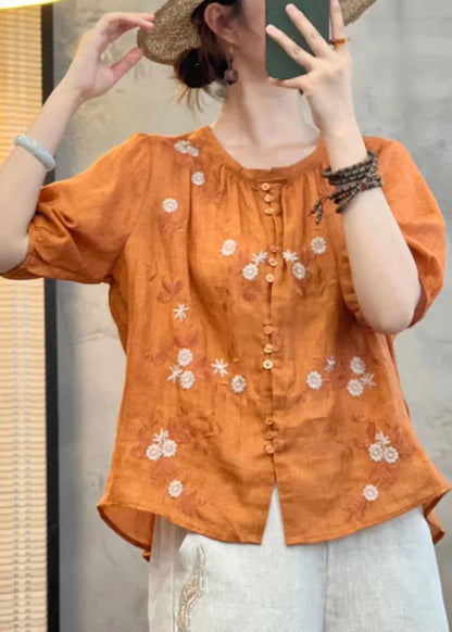 Handmade Orange Embroidered Button Linen Blouses Summer Jh071