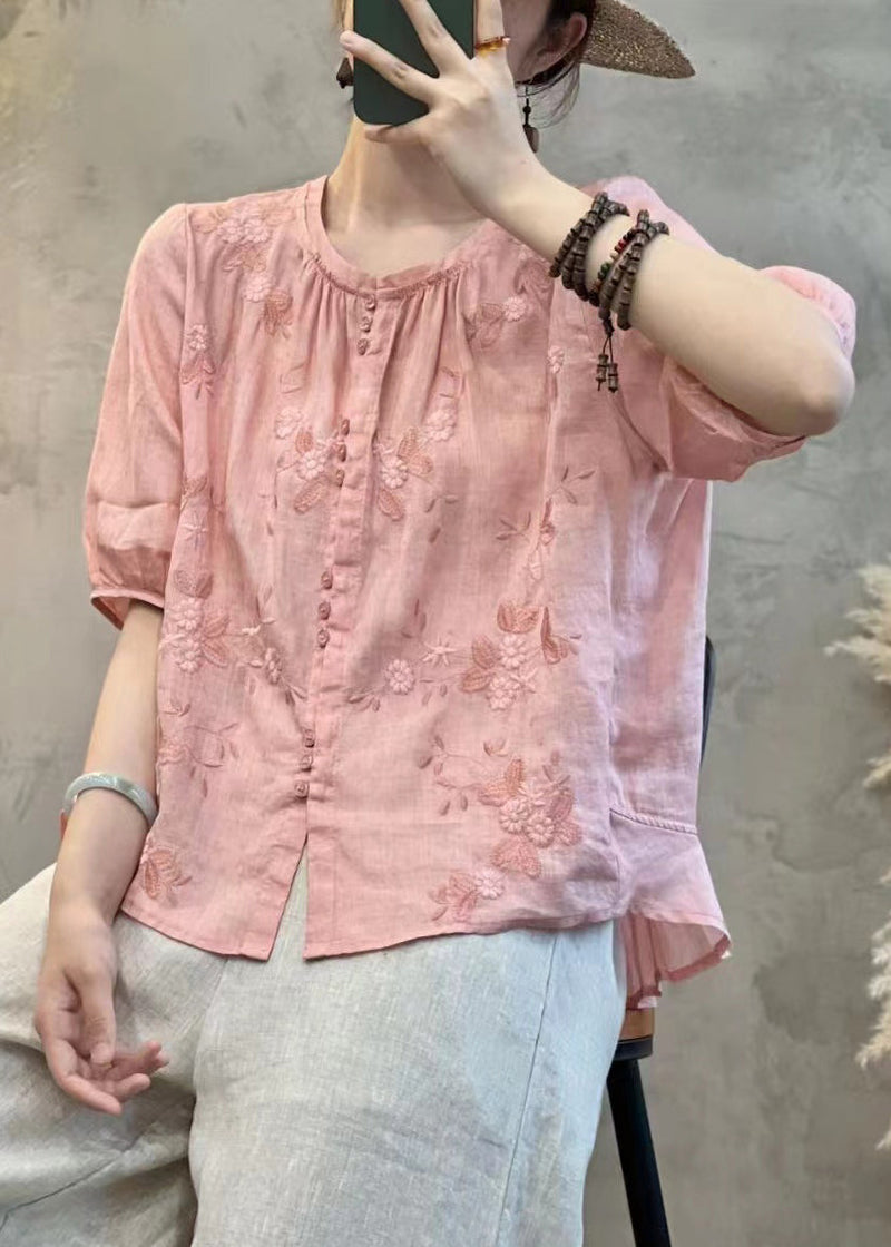 Handmade Orange Embroidered Button Linen Blouses Summer Jh071