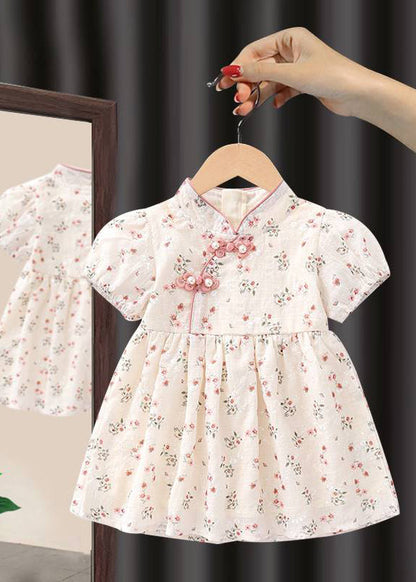 Handmade Pink Stand Collar Print Kids Maxi Dresses Short Sleeve Mn018