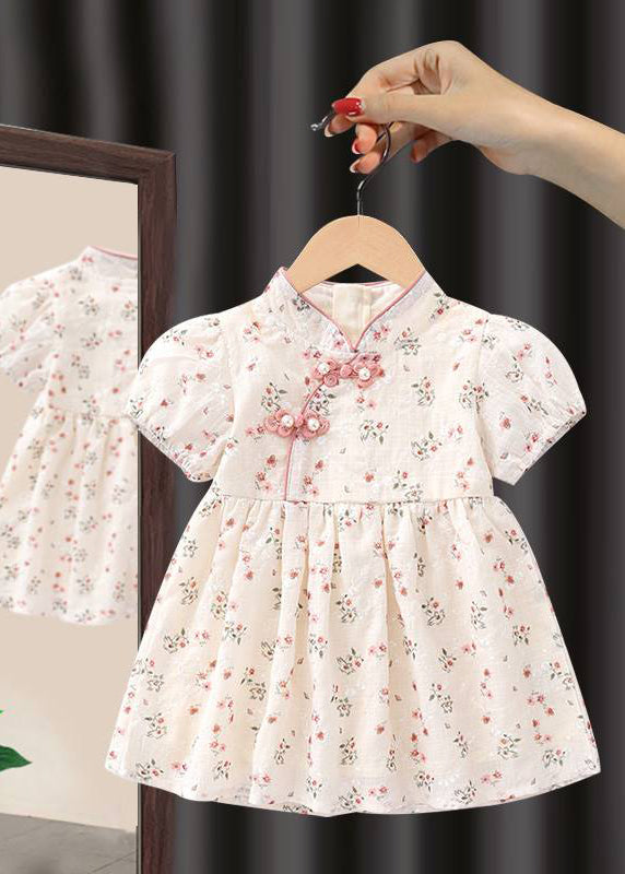 Handmade Pink Stand Collar Print Kids Maxi Dresses Short Sleeve Mn018