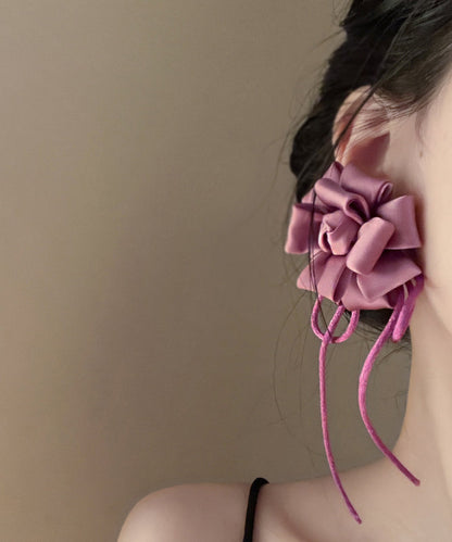 Handmade Purple Alloy Silk Butterfly Tassel Drop Earrings