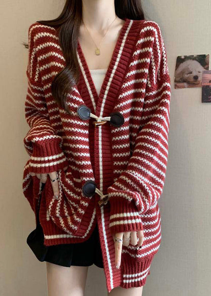 Handmade Red V Neck Striped Knit Cardigan Winter Rg036
