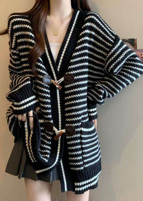 Handmade Red V Neck Striped Knit Cardigan Winter Rg036
