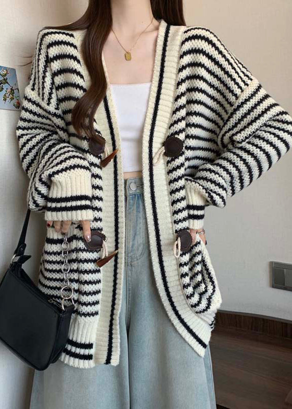 Handmade Red V Neck Striped Knit Cardigan Winter Rg036