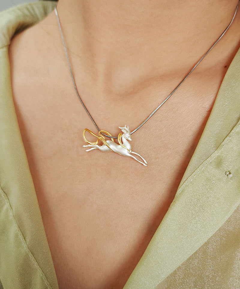 Handmade Silver Dunhuang Immortal Deer Pendant Necklace