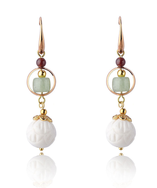 Handmade White Shell Bead Fine Jade 14k Gold Drop Earrings