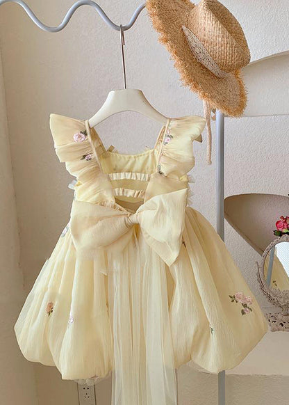 Handmade Yellow Bow Embroideried Backless Tulle Maxi Dresses Summer Ye009