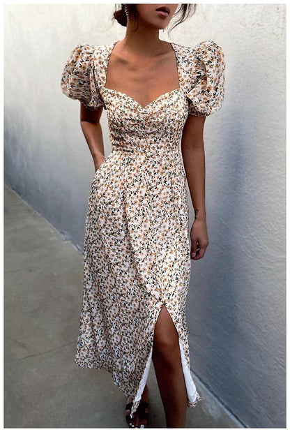 Midi Dress Print Split Blue Sundress Party Beach Dress