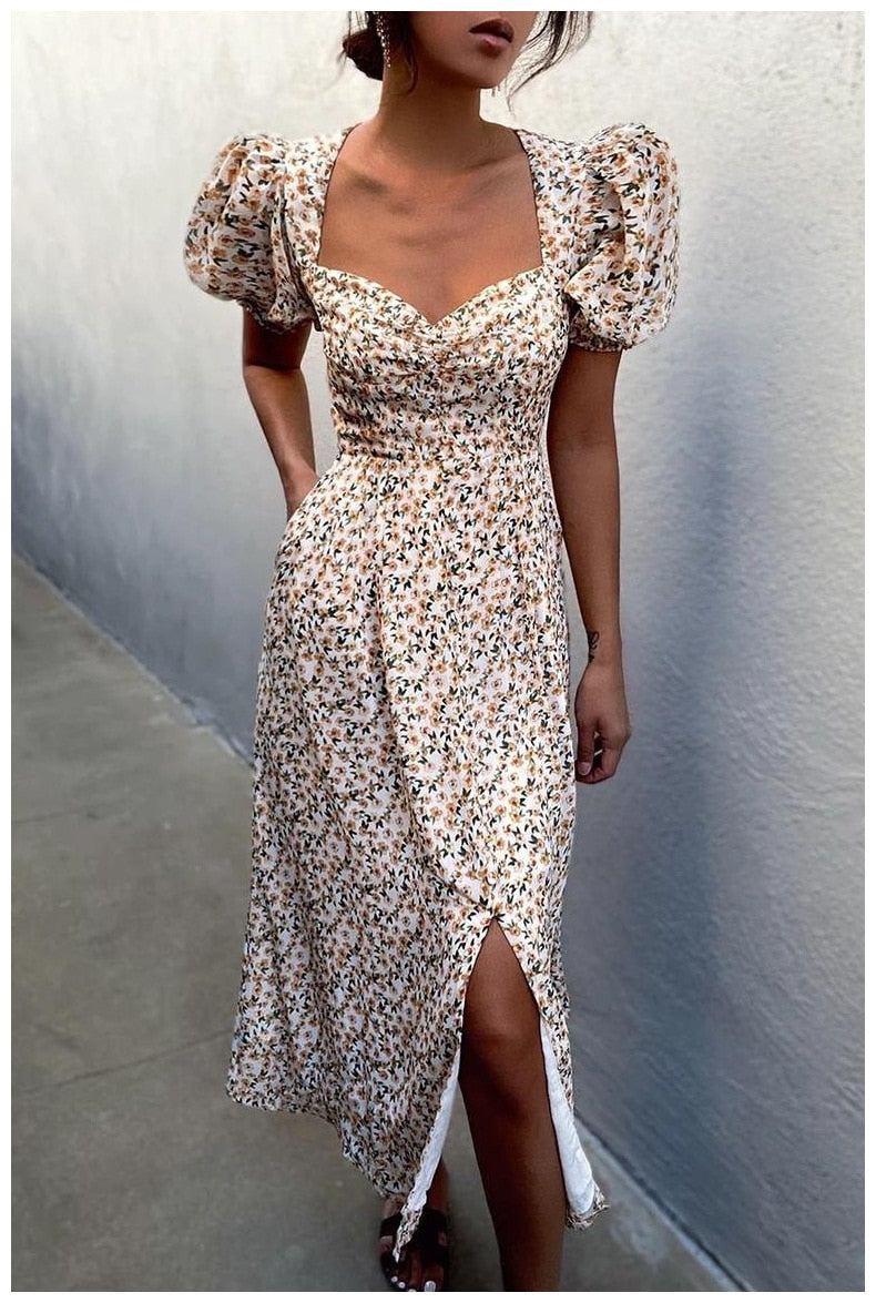 Midi Dress Print Split Blue Sundress Party Beach Dress