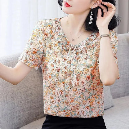 Spring Summer Style Chiffon Blouses Shirts Lady Short Flare Sleeve Bow Tie Collar Chiffon Blusas Tops Df4116