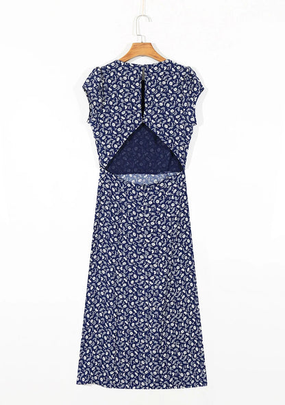 Summer Backless Midi Dress Print Split Dress Holiday Lady Beach Party Vestidos