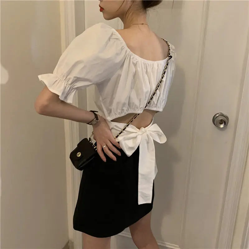Lace Up Backless Top Youth Woman Blouses Short Sleeve Summer Shirt Low Cut New
