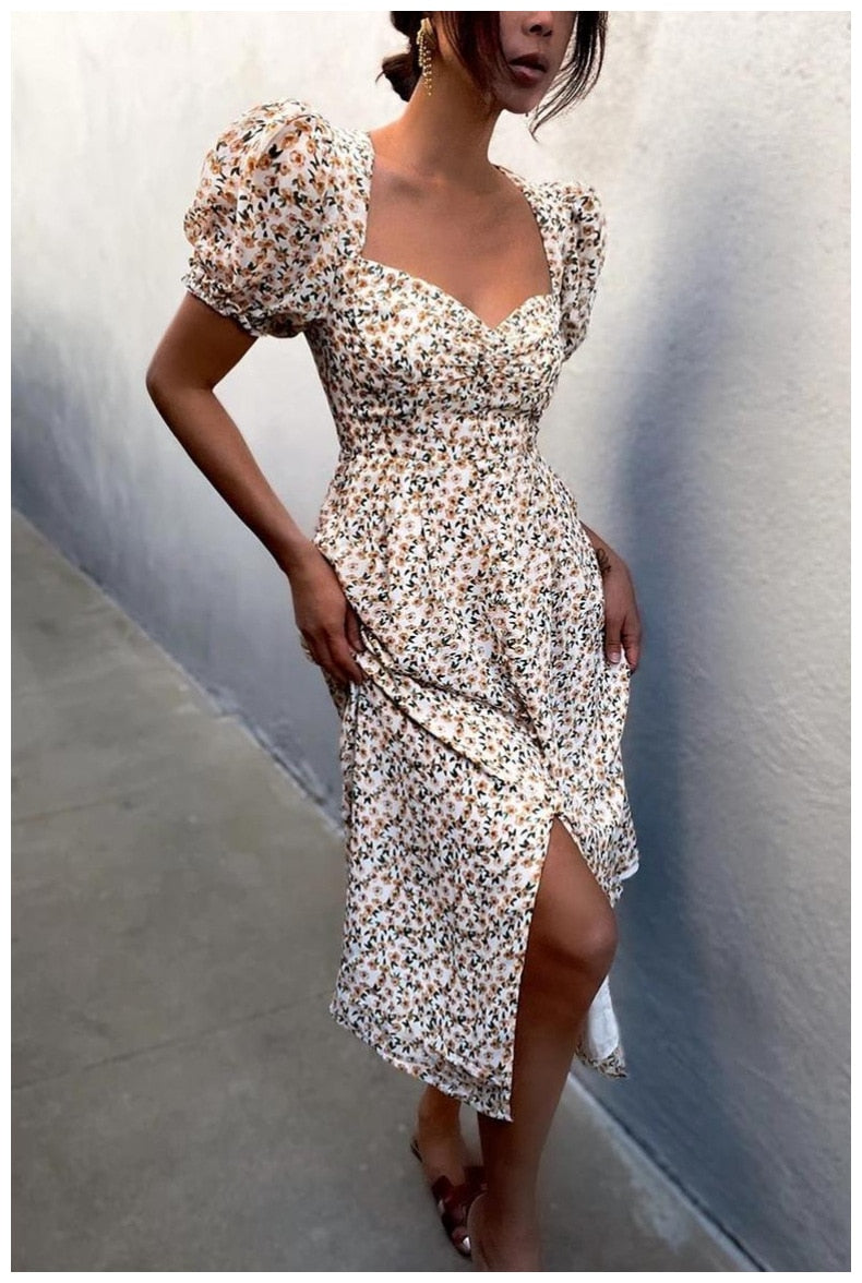 Midi Dress Print Split Blue Sundress Party Beach Dress
