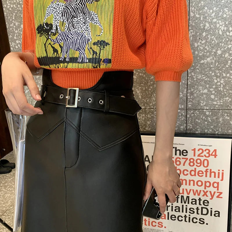 Autumn New Aline Small Leather Sheepskin Skirt Belt High Waist Shorts Leather Skirtsfemale Black Outfit
