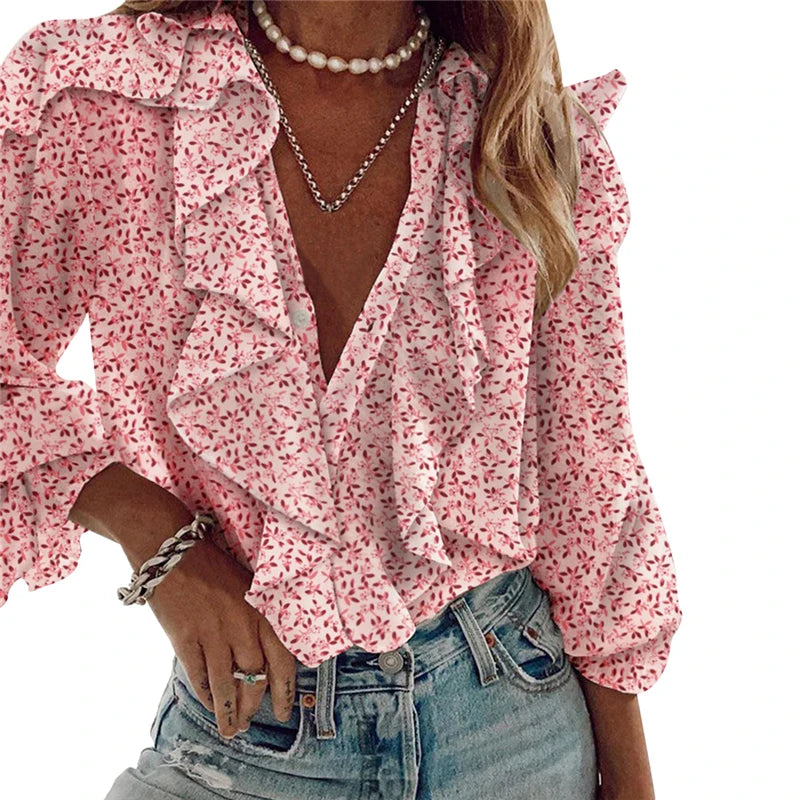 Long Sleeve Blouse V-neck Shirt Office Blouses Woman Clothes Ruffles Shirts
