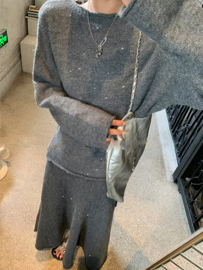 Soft Suits 2 Pieces Female Sets Slash Neck Sweater & Midi Dress Bling Knitted Tracksuit