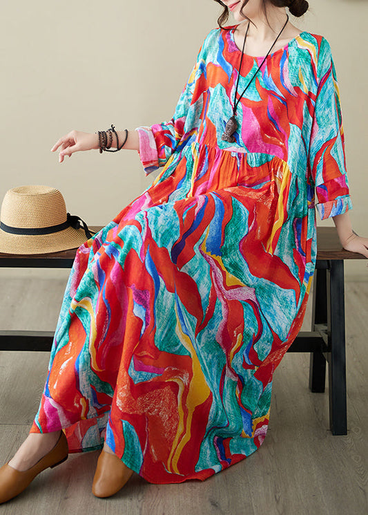 Holiday Style Red O-neck Print Loose Cotton Long Dress Summer Ap070